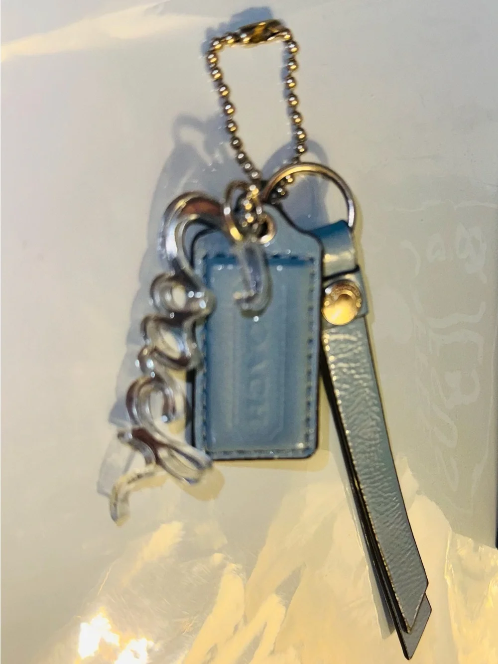 Coach Periwinkle Blue Leather Hangtag, Coach Poppy Script, Tassle, Silver - EUC
